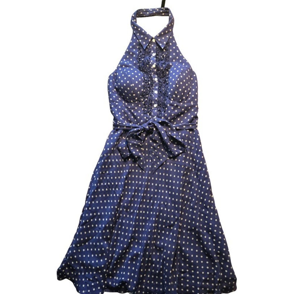 Vtg Sangria Rockabilly Lined 100% Silk Halter Dress Blue Polka Dot With‎ Buttons